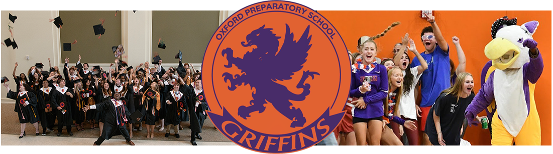 Oxford Preparatory School logo with pictures of graduates and students cheering with mascot